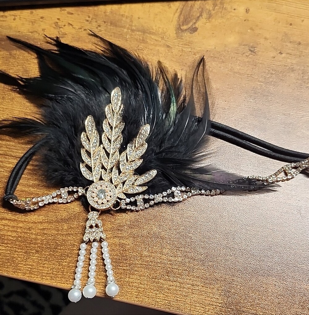 Gold & Black Feathered Pearl Drop Headband